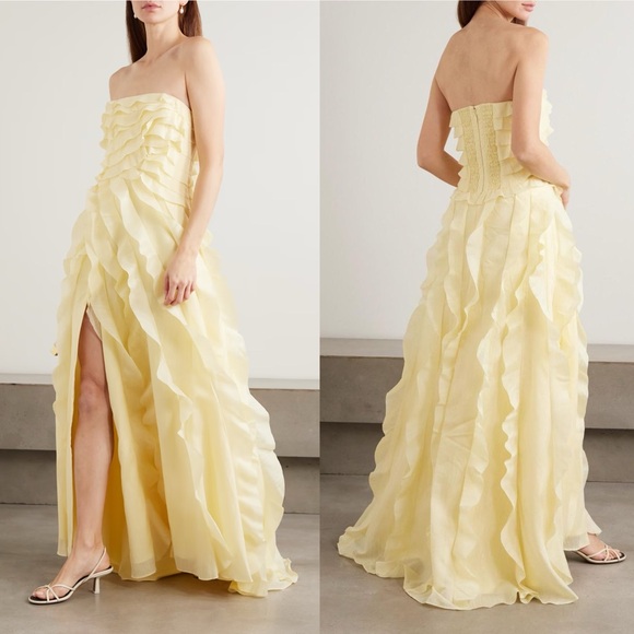 Aje Allaire Strapless Ruffled Shirred Faille Gown Butter Yellow NEW with tag - Picture 10 of 10